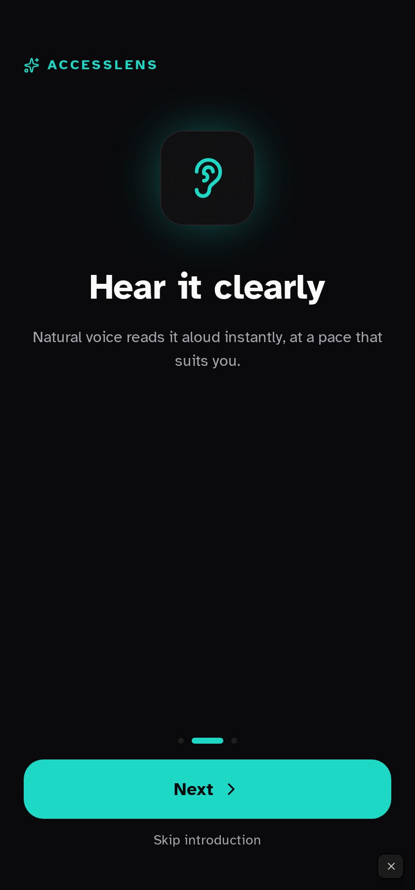 Onboarding screen introducing 'Hear it clearly' with audio-first explanation.