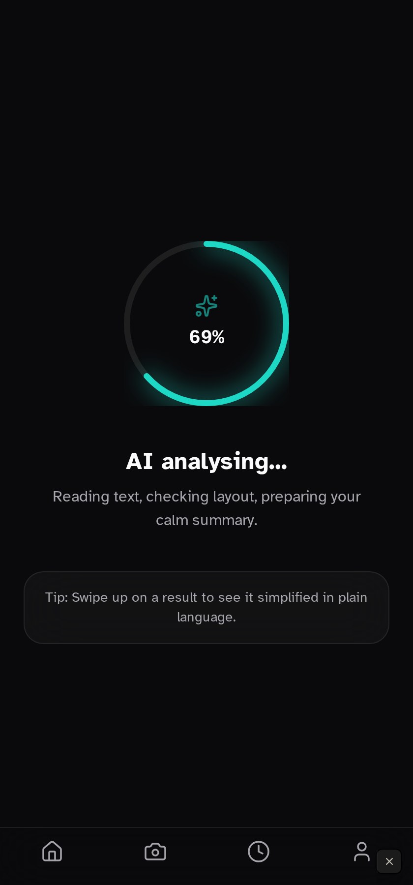 Processing screen with a circular progress ring at 77% and 'AI analysing… Reading text, checking layout, preparing your calm summary.'