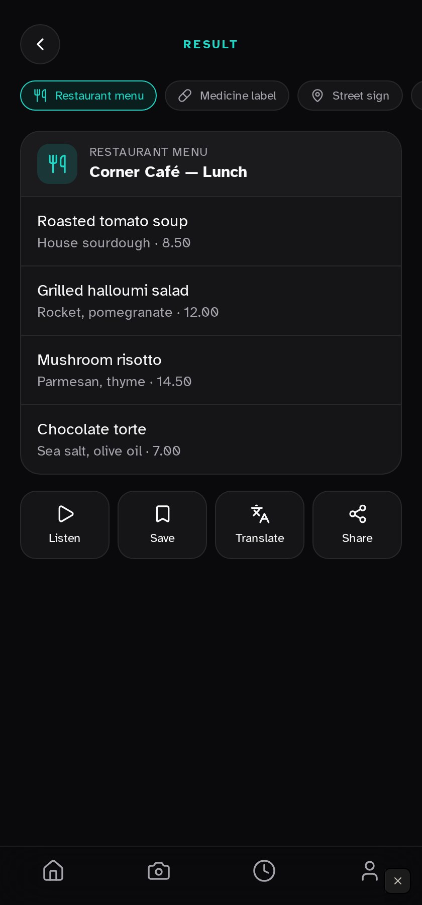 Scan result showing a Corner Café lunch menu with Listen, Save, Translate and Share actions.