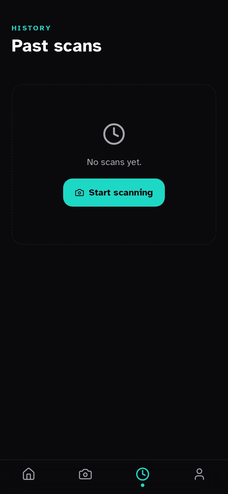 Scan history screen with grouped entries by date and quick replay controls.