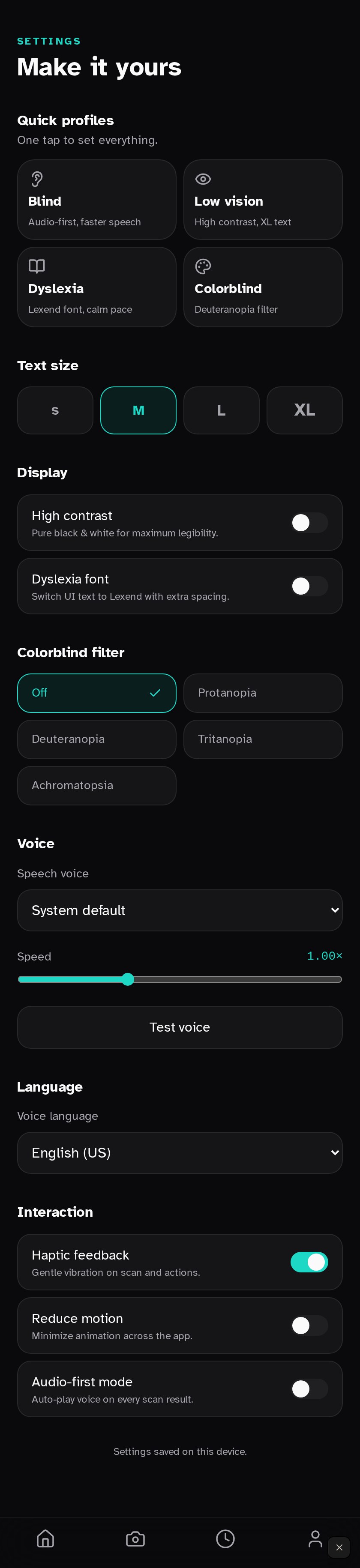 Settings screen titled 'Make it yours' with Blind, Low vision, Dyslexia and Colorblind quick profiles, text size S/M/L/XL, high contrast toggle, and dyslexia-font toggle.
