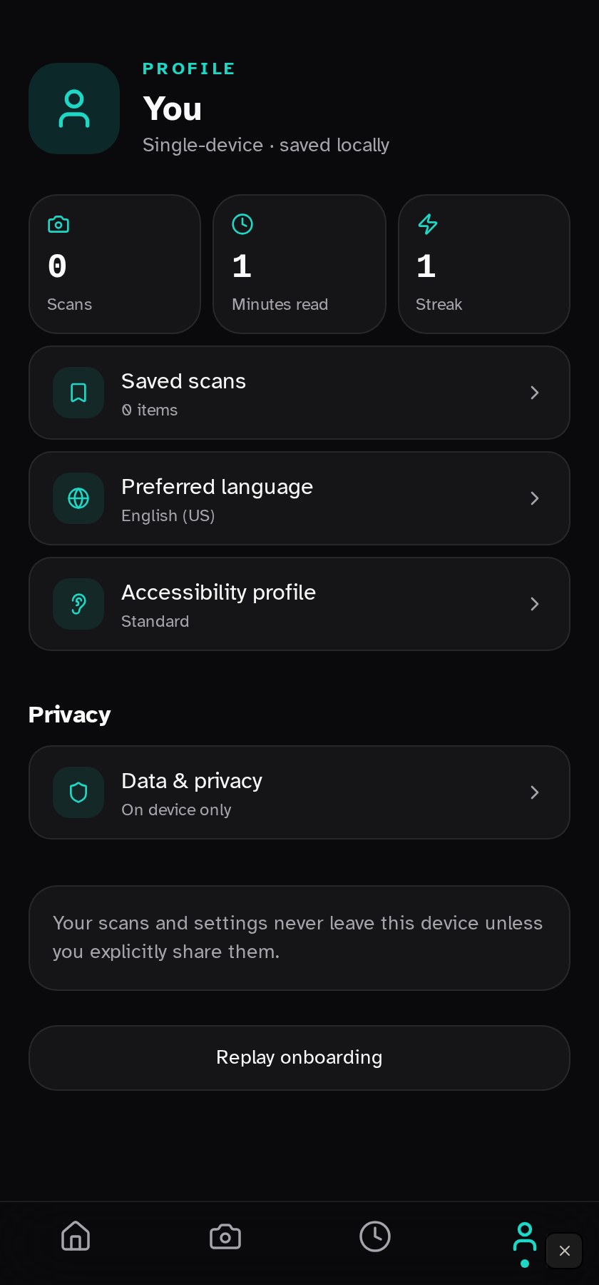 Profile screen showing usage statistics, plan, and privacy controls.