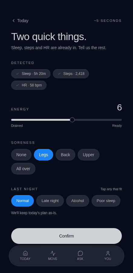 Auto Aware Fit 5-second check-in feeding the next day's adaptation.