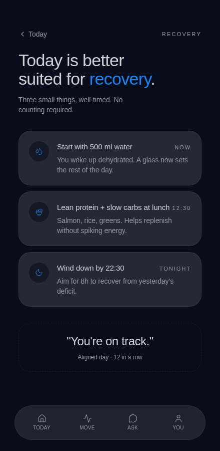 Auto Aware Fit recovery surface with three timed actions and a streak confirmation.