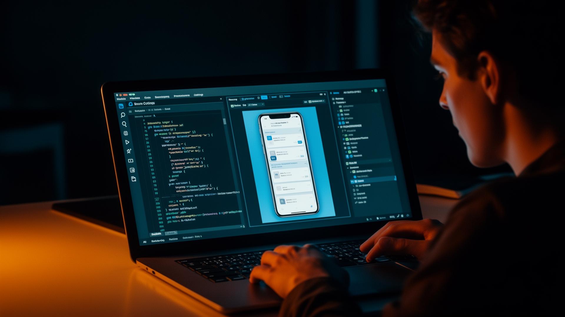 A designer at a laptop late at night, building a mobile app prototype with AI coding tools.