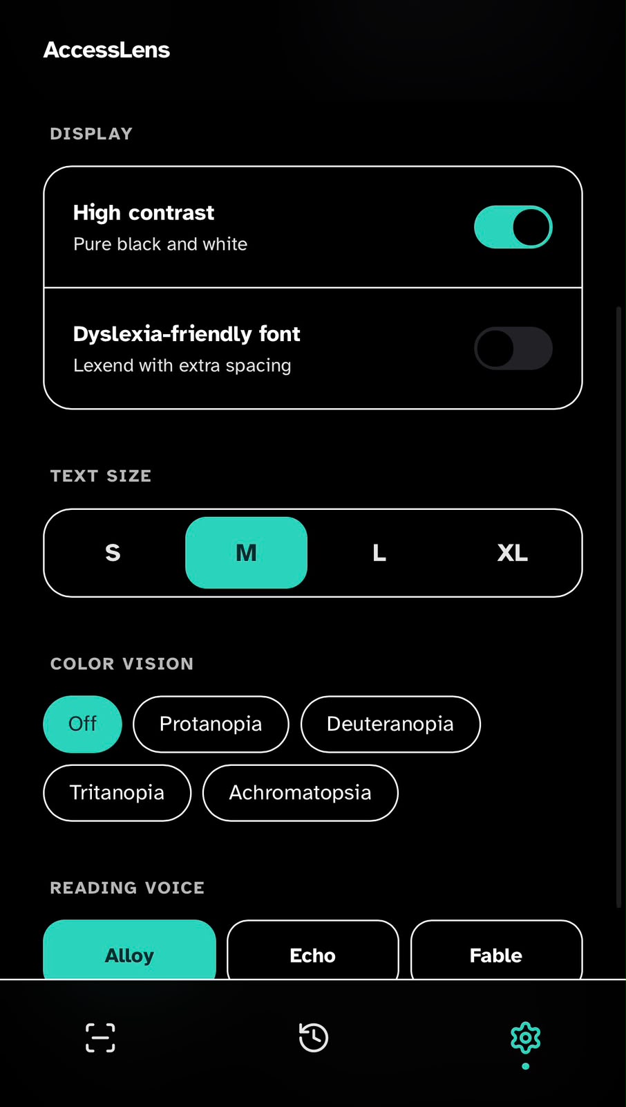 AccessLens display settings used to tune how AI output is read back.