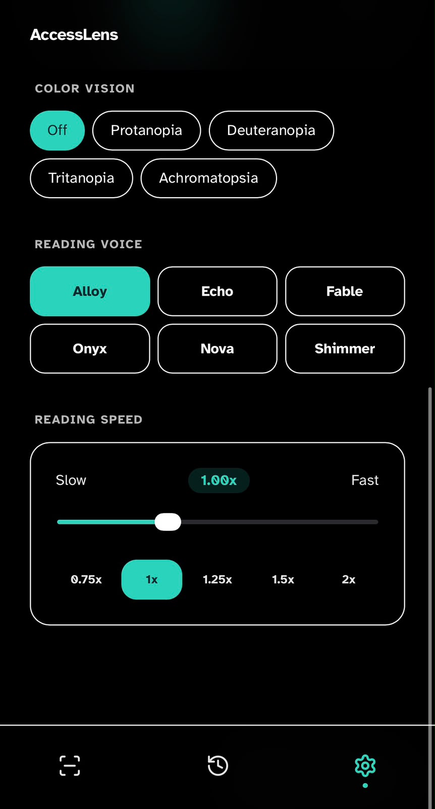 AccessLens voice selector with Alloy, Echo, Fable, Onyx, Nova and Shimmer options.