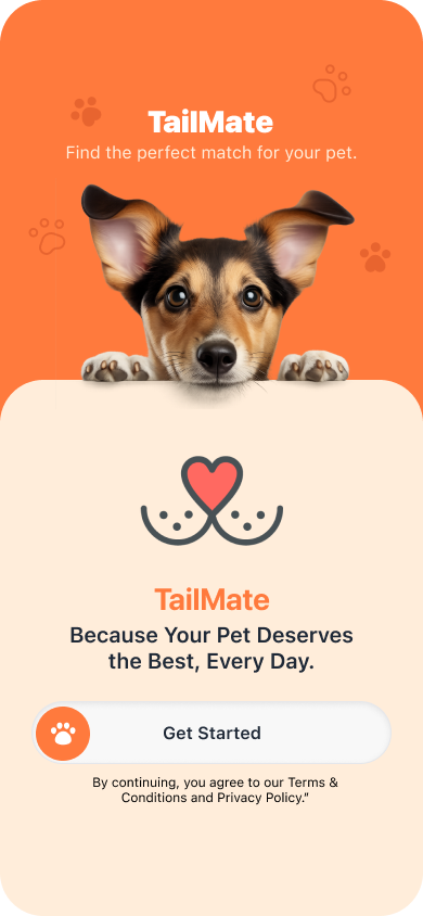 TailMate onboarding screen capturing pet details and intent.